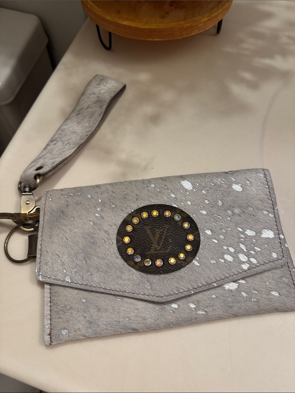 Designer-Inspired Gray Embellished Wristlet Clutch with Monogram Medallion